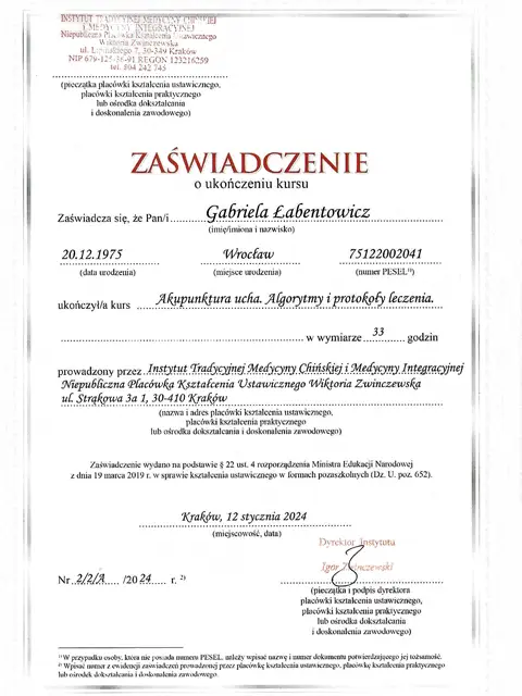 zaświadczenie akupunktura ucha