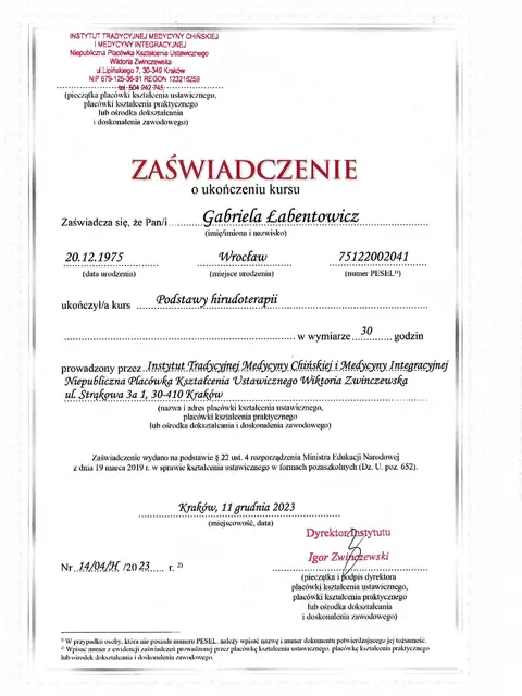 zaswiadczenie podstawy hirudoterapia