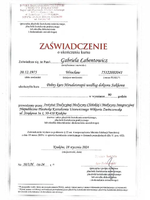 zaswiadczenie hirudoterapia