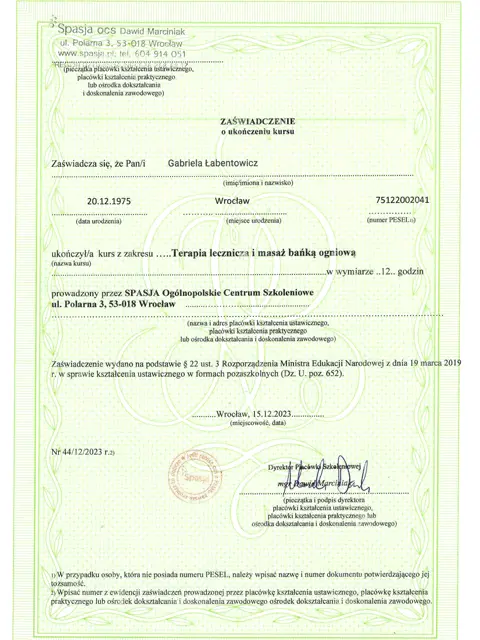 zaswiadczenie masaż bańką