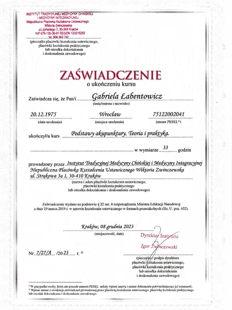 zaswiadczenie podstawy akupunktury